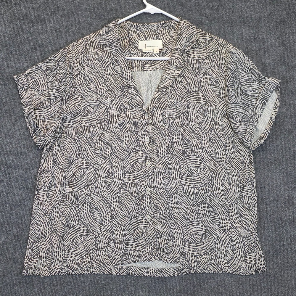 Anthropologie Button Down Blouse Womens Size S Black White Abstract Short Sleeve